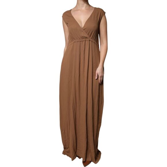 Fabiana Filippi Brown Sleeveless Deep V-neck A-line Long Maxi Women's Dress